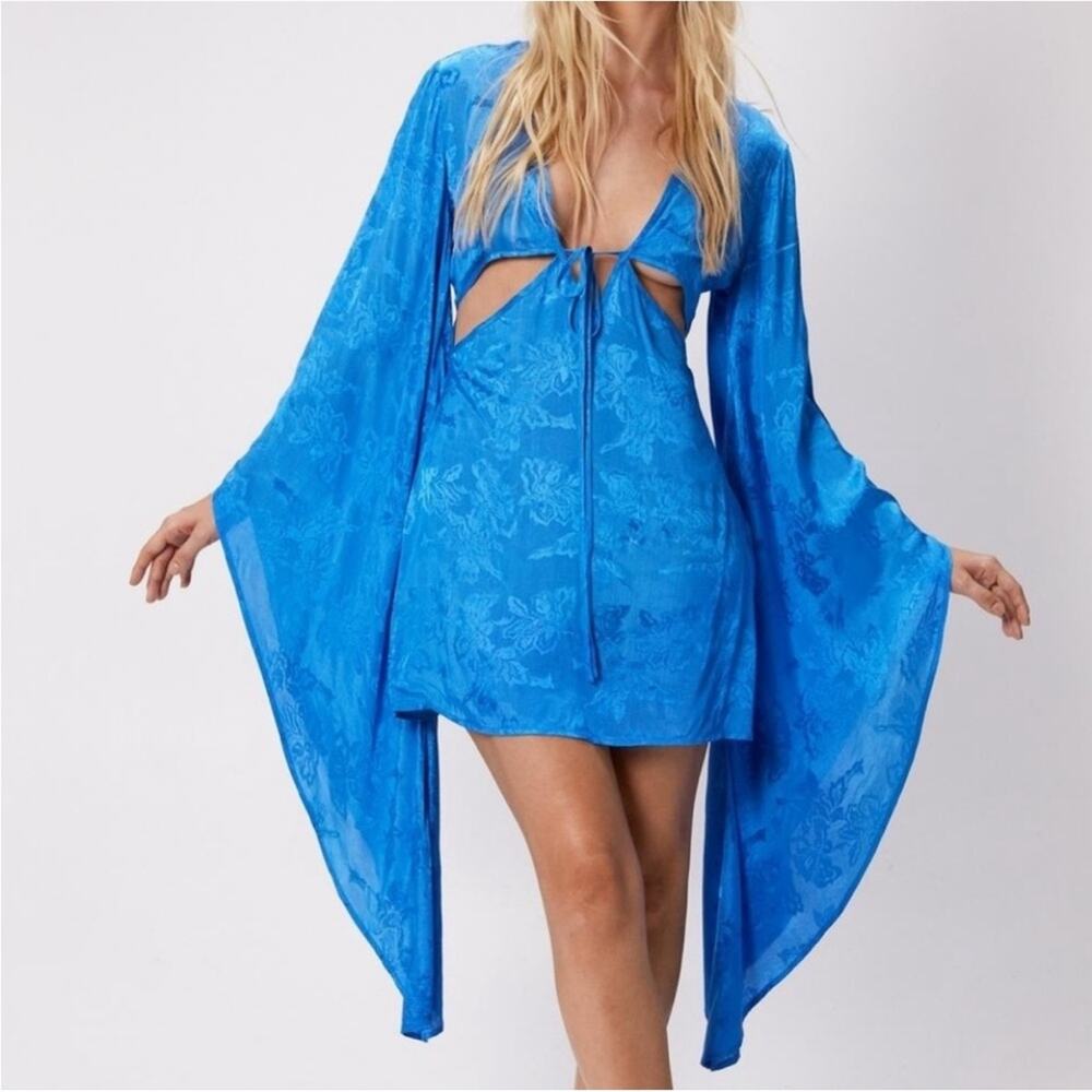 Nasty Gal Blue Satin Jacquard Extreme Long Sleeve Asian Inspired Mini Dress 2